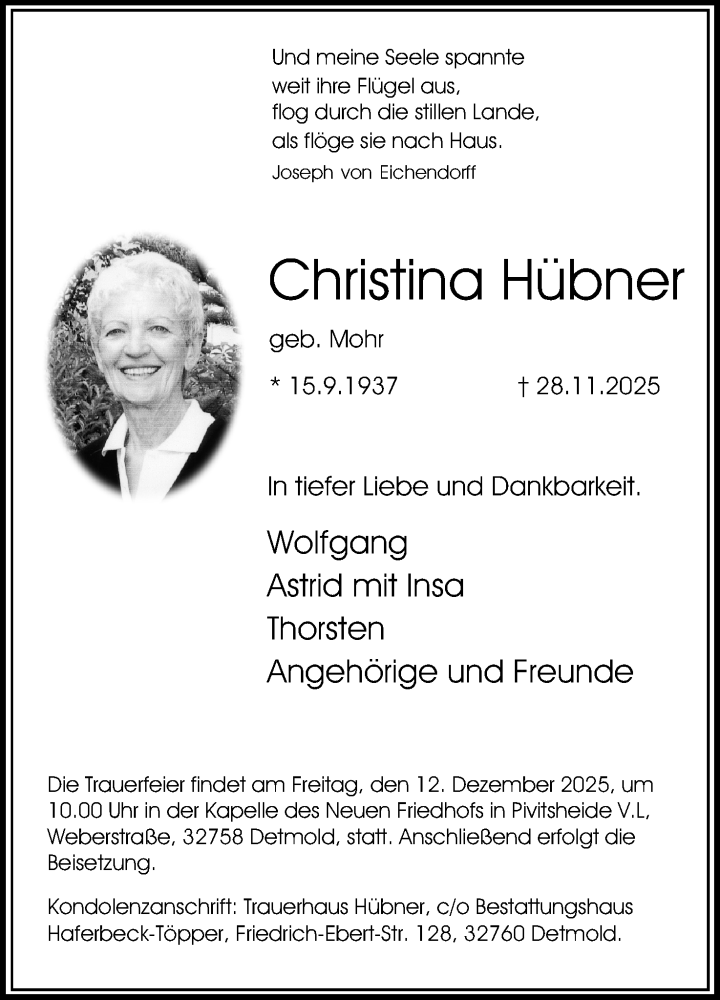  Traueranzeige für Christina Hübner vom 06.12.2025 aus Lippische Landes-Zeitung