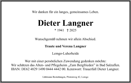Anzeige  Dieter Langner  Lippische Landes-Zeitung