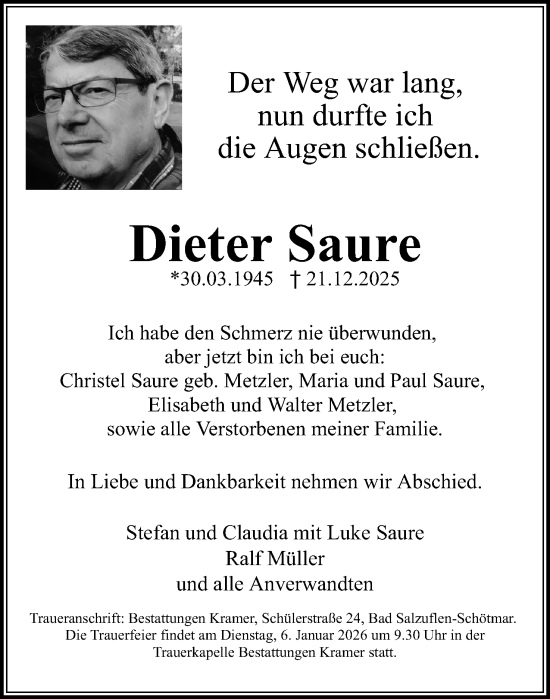 Anzeige  Dieter Saure  Lippische Landes-Zeitung