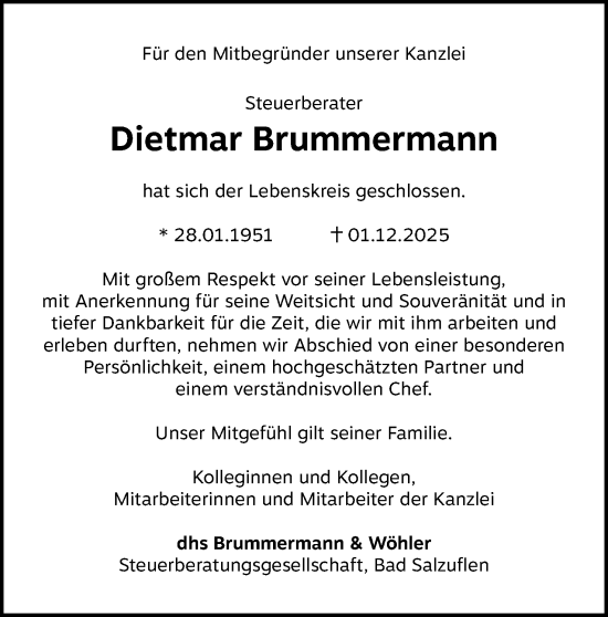 Anzeige  Dietmar Brummermann  Lippische Landes-Zeitung