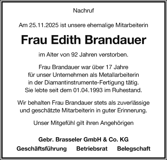 Anzeige  Edith Brandauer  Lippische Landes-Zeitung