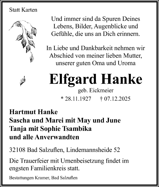 Anzeige  Elfgard Hanke  Lippische Landes-Zeitung