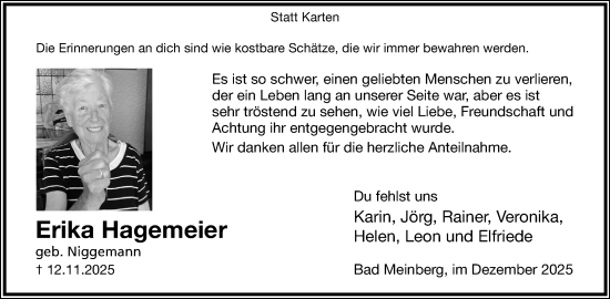 Anzeige  Erika Hagemeier  Lippische Landes-Zeitung