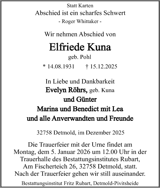 Anzeige  Elfriede Kuna  Lippische Landes-Zeitung