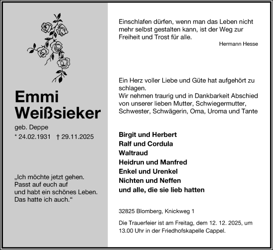 Anzeige  Emmi Weißsieker  Lippische Landes-Zeitung