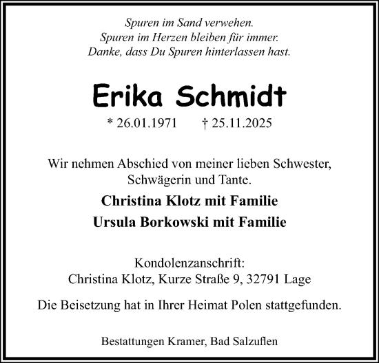 Anzeige  Erika Schmidt  Lippische Landes-Zeitung