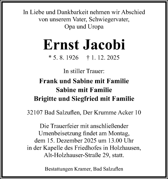 Anzeige  Ernst Jacobi  Lippische Landes-Zeitung