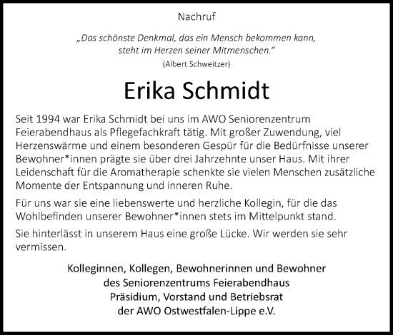 Anzeige  Erika Schmidt  Lippische Landes-Zeitung
