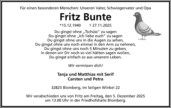 Anzeige  Fritz Bunte  Lippische Landes-Zeitung