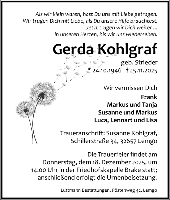 Anzeige  Gerda Kohlgraf  Lippische Landes-Zeitung