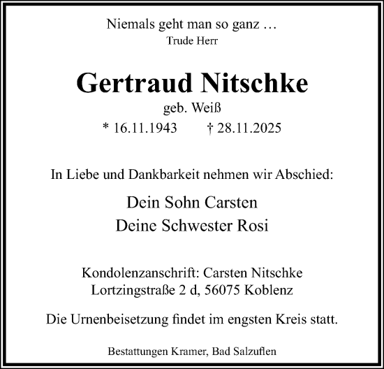 Anzeige  Gertraud Nitschke  Lippische Landes-Zeitung