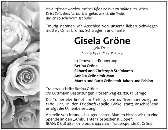 Anzeige  Gisela Gröne  Lippische Landes-Zeitung