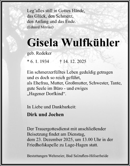 Anzeige  Gisela Wulfkühler  Lippische Landes-Zeitung