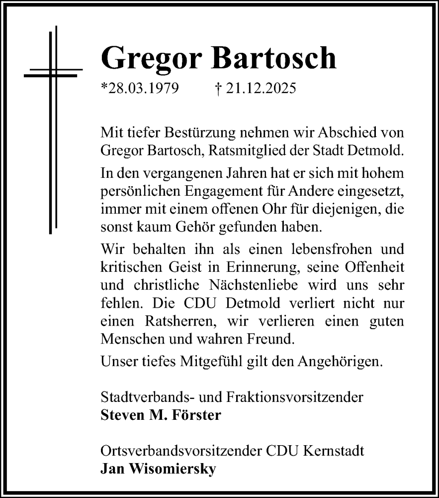  Traueranzeige für Gregor Bartosch vom 31.12.2025 aus Lippische Landes-Zeitung