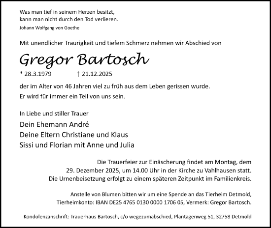Anzeige  Gregor Bartosch  Lippische Landes-Zeitung
