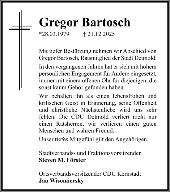 Anzeige  Gregor Bartosch  Lippische Landes-Zeitung