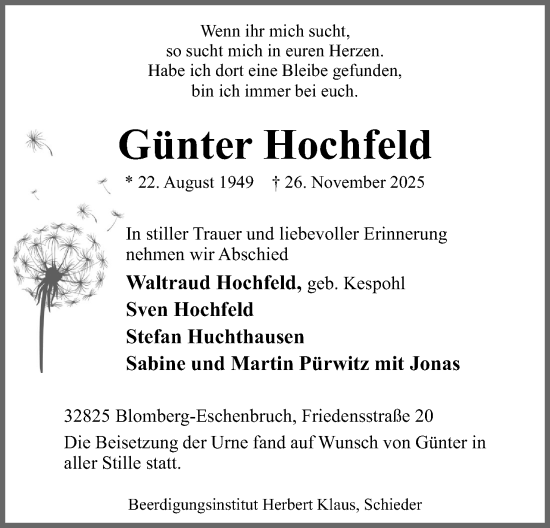 Anzeige  Günter Hochfeld  Lippische Landes-Zeitung