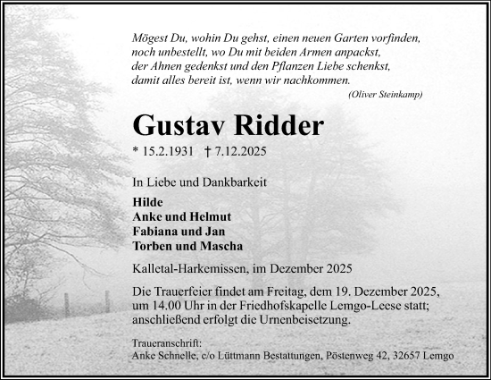 Anzeige  Gustav Ridder  Lippische Landes-Zeitung