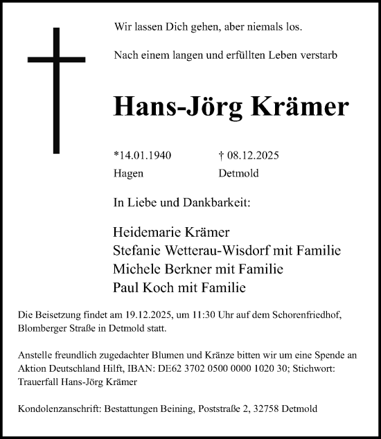 Anzeige  Hans-Jörg Krämer  Lippische Landes-Zeitung