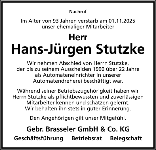 Anzeige  Hans-Jürgen Stutzke  Lippische Landes-Zeitung