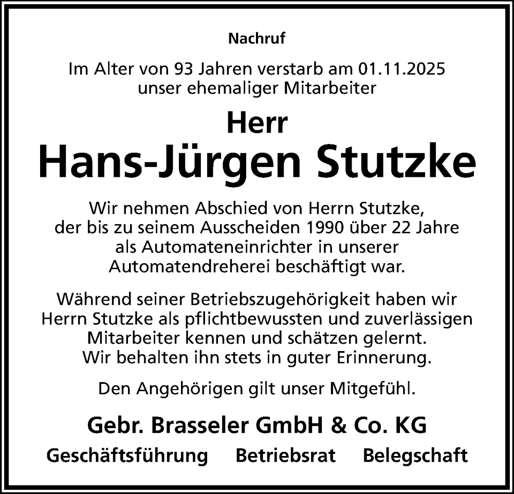  Traueranzeige für Hans-Jürgen Stutzke vom 06.12.2025 aus Lippische Landes-Zeitung