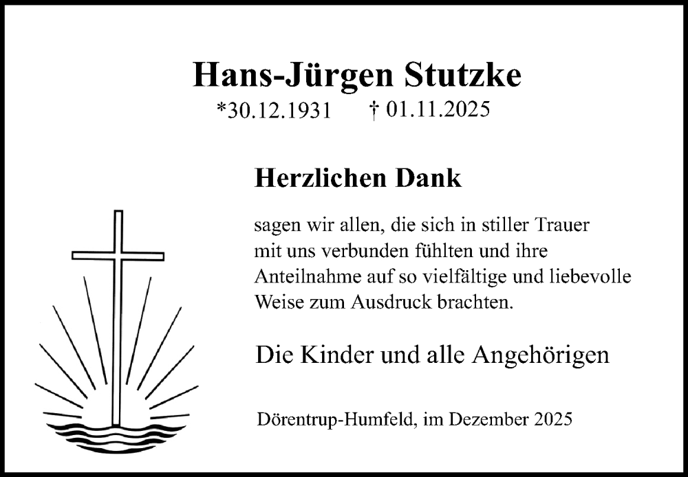  Traueranzeige für Hans-Jürgen Stutzke vom 20.12.2025 aus Lippische Landes-Zeitung
