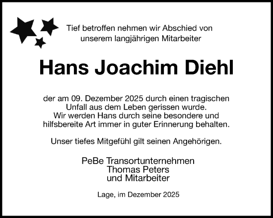 Anzeige  Hans Joachim Diehl  Lippische Landes-Zeitung