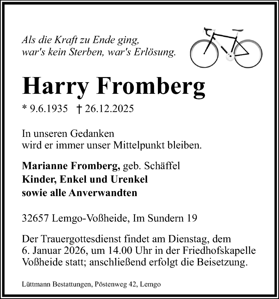  Traueranzeige für Harry Fromberg vom 31.12.2025 aus Lippische Landes-Zeitung