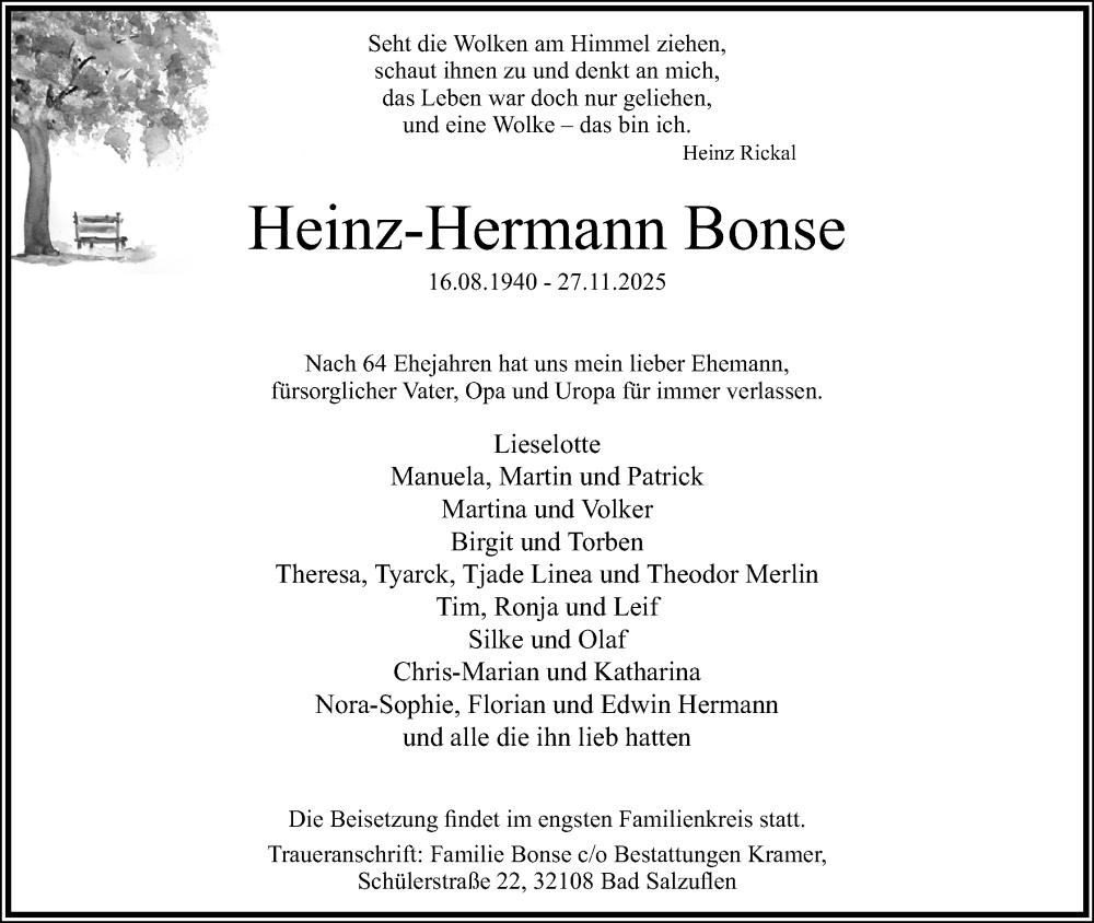  Traueranzeige für Heinz-Hermann Bonse vom 06.12.2025 aus Lippische Landes-Zeitung