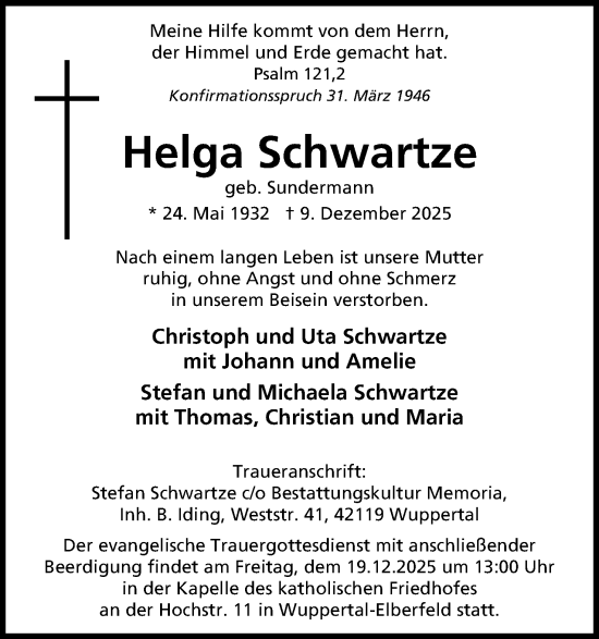 Anzeige  Helga Schwartze  Lippische Landes-Zeitung