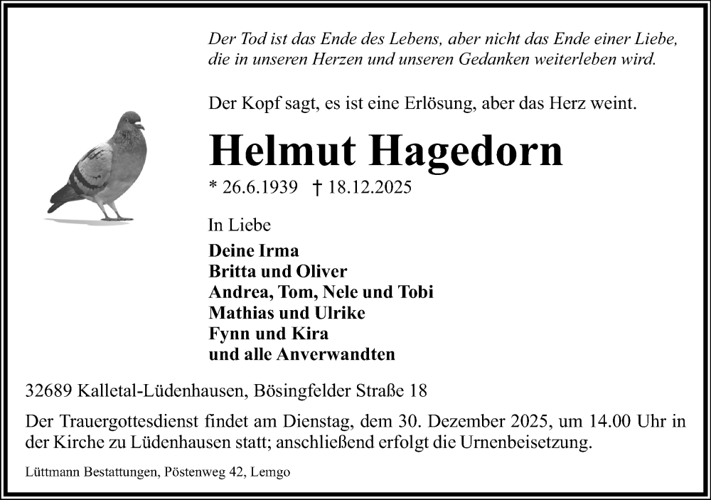  Traueranzeige für Helmut Hagedorn vom 23.12.2025 aus Lippische Landes-Zeitung