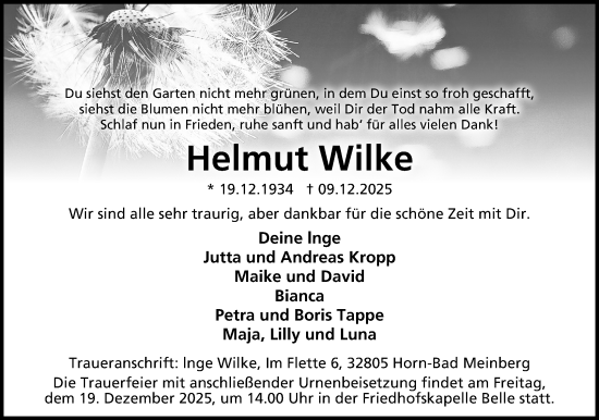 Anzeige  Helmut Wilke  Lippische Landes-Zeitung