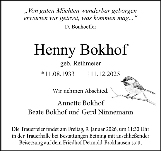 Anzeige  Henny Bokhof  Lippische Landes-Zeitung