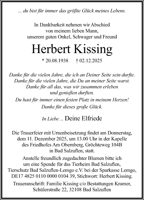 Anzeige  Herbert Kissing  Lippische Landes-Zeitung