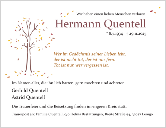 Anzeige  Hermann Quentell  Lippische Landes-Zeitung