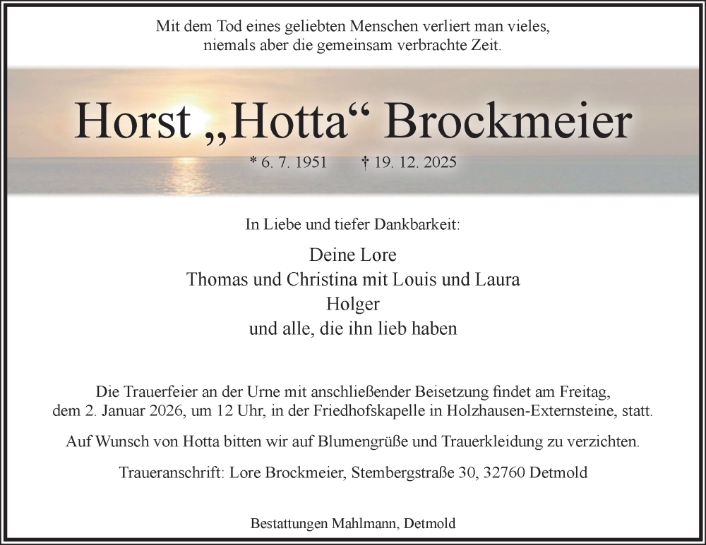  Traueranzeige für Horst Brockmeier vom 27.12.2025 aus Lippische Landes-Zeitung
