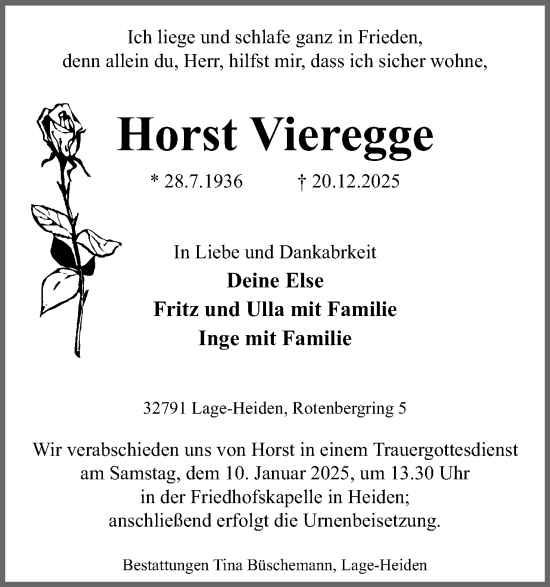 Anzeige  Horst Vieregge  Lippische Landes-Zeitung