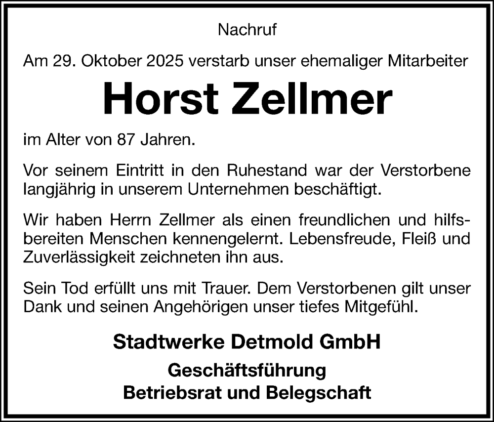  Traueranzeige für Horst Zellmer vom 27.12.2025 aus Lippische Landes-Zeitung