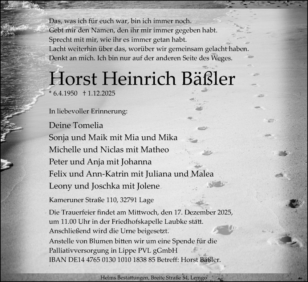  Traueranzeige für Horst Heinrich Bäßler vom 06.12.2025 aus Lippische Landes-Zeitung