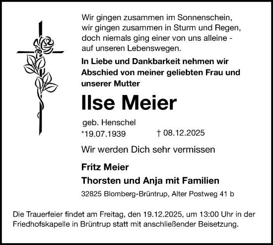 Anzeige  Ilse Meier  Lippische Landes-Zeitung