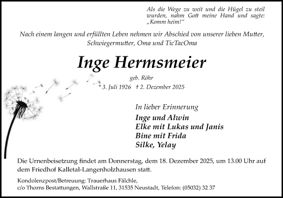 Anzeige  Inge Hermsmeier  Lippische Landes-Zeitung