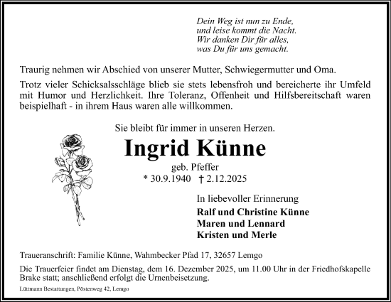 Anzeige  Ingrid Künne  Lippische Landes-Zeitung