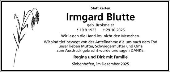 Anzeige  Irmgard Blutte  Lippische Landes-Zeitung
