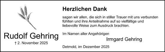 Anzeige  Irmgard Gehring  Lippische Landes-Zeitung