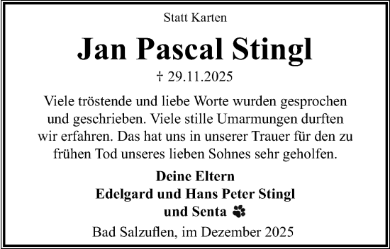 Anzeige  Jan Pascal Stingl  Lippische Landes-Zeitung