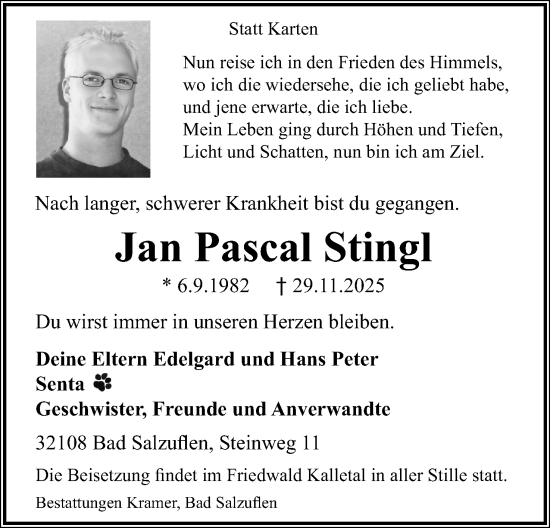 Anzeige  Jan Pascal Stingl  Lippische Landes-Zeitung
