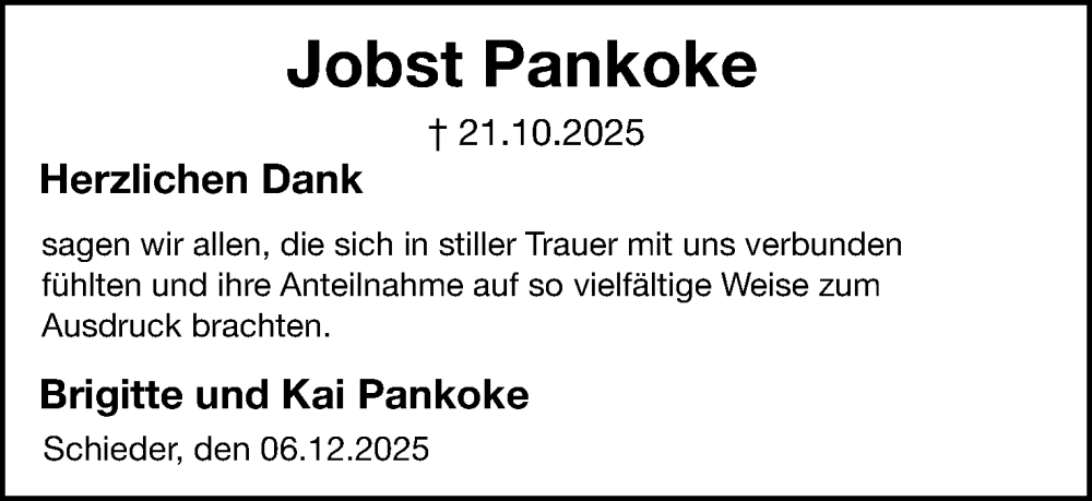  Traueranzeige für Jobst Pankoke vom 06.12.2025 aus Lippische Landes-Zeitung