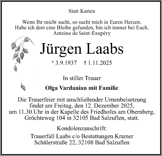 Anzeige  Jürgen Laabs  Lippische Landes-Zeitung