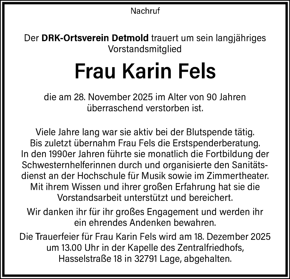  Traueranzeige für Karin Fels vom 13.12.2025 aus Lippische Landes-Zeitung