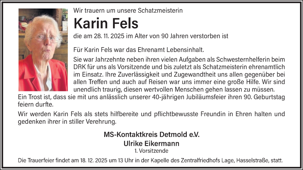  Traueranzeige für Karin Fels vom 13.12.2025 aus Lippische Landes-Zeitung
